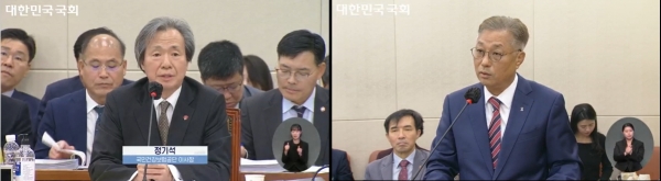 지난 18일 국정감사에 참여한 정기석 이사장(왼쪽)과 강중구 원장(오른쪽)